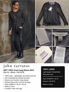 NWT John Varvatos Men’s XL Black Sheer Slub Long Sleeve Crewneck Shirt 100%Linen